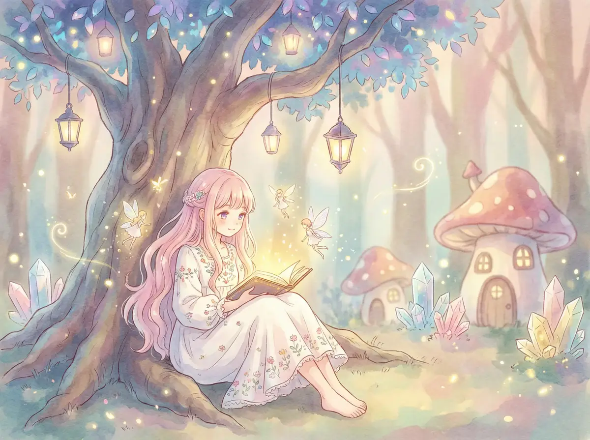戚薇结婚照 - 魔法森林中阅读故事书的粉发少女与精灵